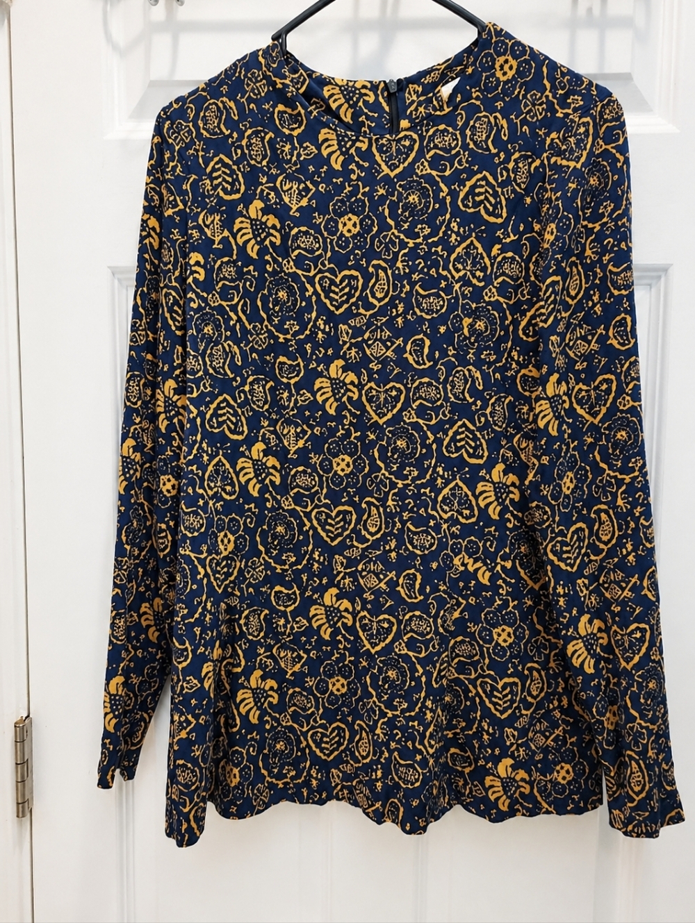 Bimba & Lola Printed Blouse Medium Blue Gold Long Sleeve Zip Detail Top